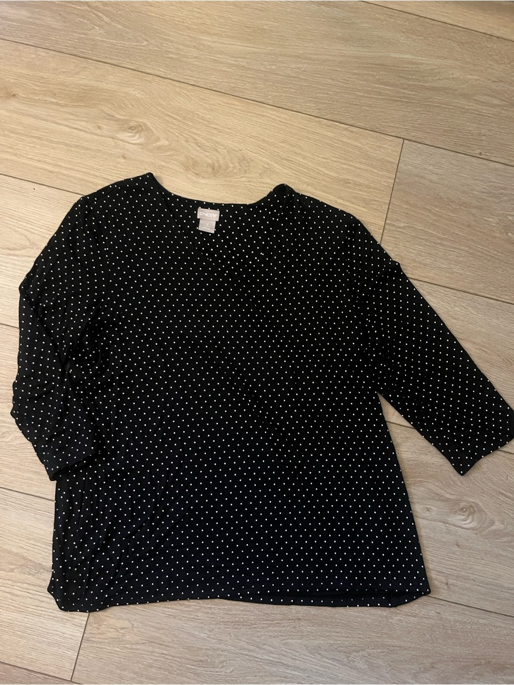 Chico's Black Top with White Polka Dots - Crewneck 3/4 Sleeve